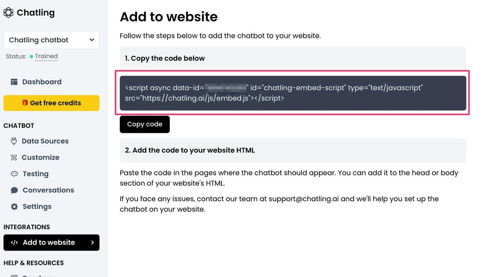 copy chatbot embed code for shopify