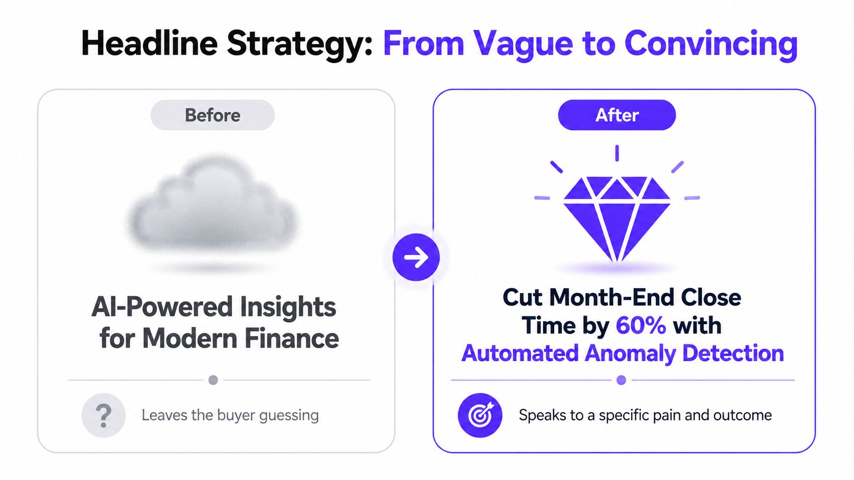 A marketing graphic showing a comparison between a vague headline and a conversion-focused headline for business.