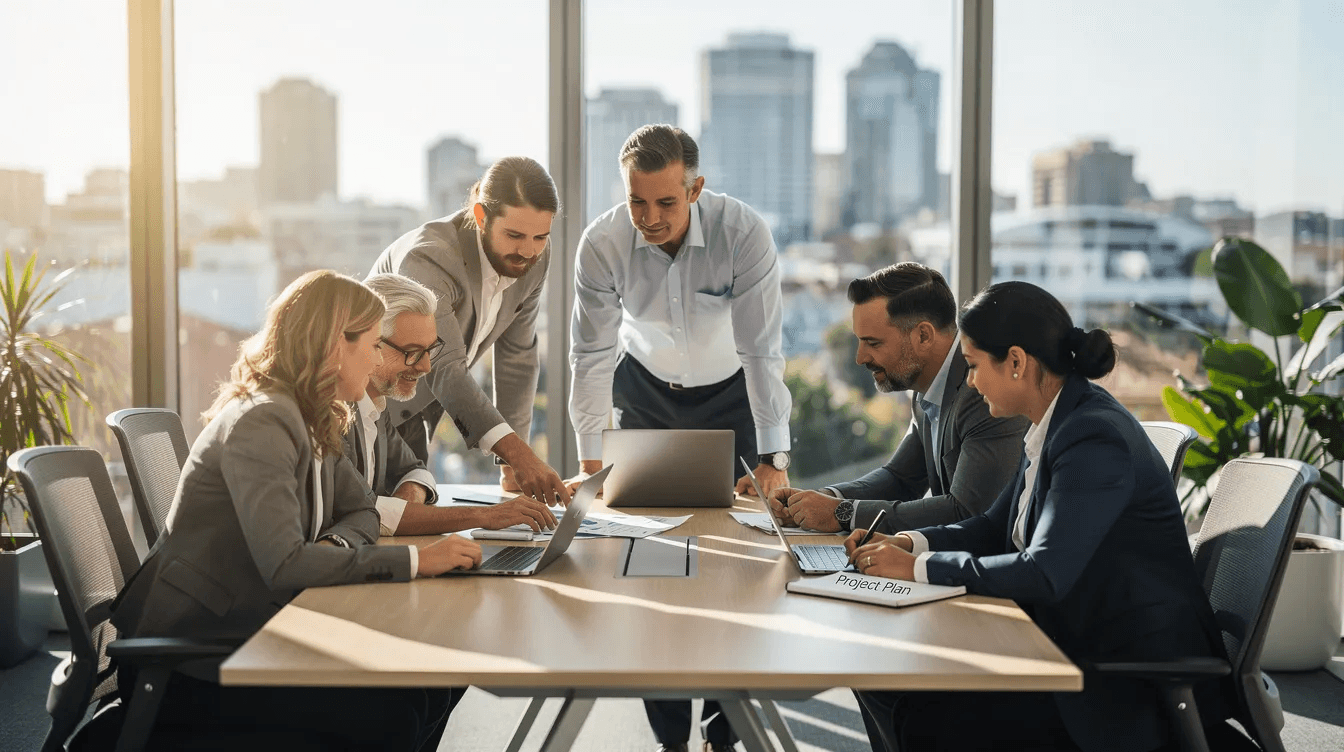 The image depicts a diverse team of business leaders collaborating around a table in a modern Australian office, filled with natural light. They are engaged in discussions that reflect their commitment to business growth and sustainable practices, essential for developing effective growth strategies and fostering a strong company culture.
