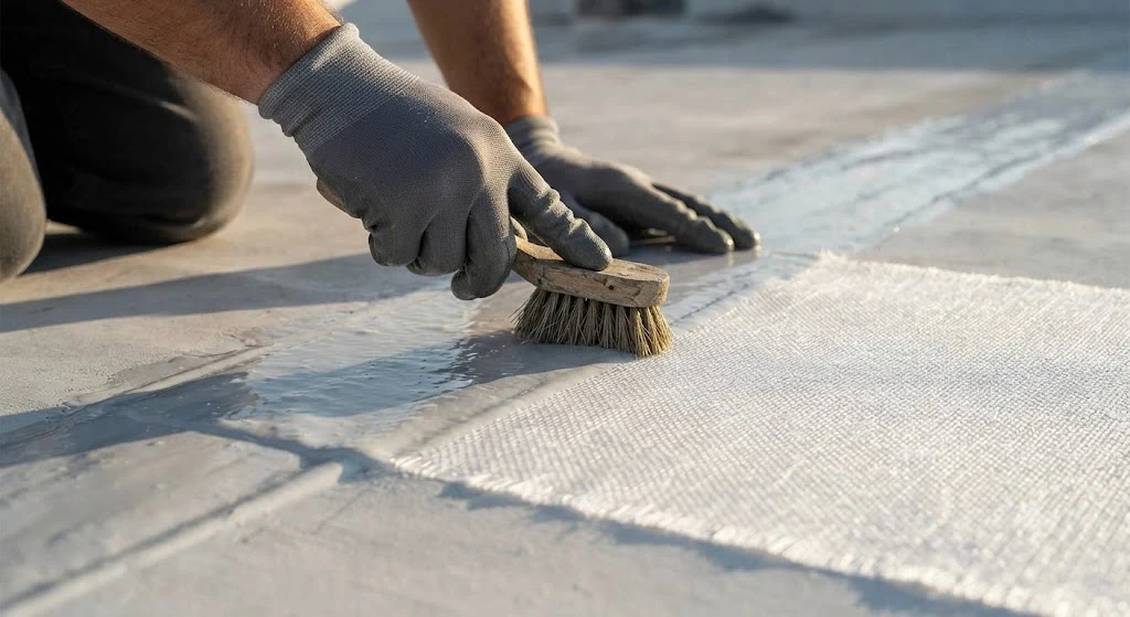 Reinforcing fabric being embedded in silicone coating at a roof seam during a restoration