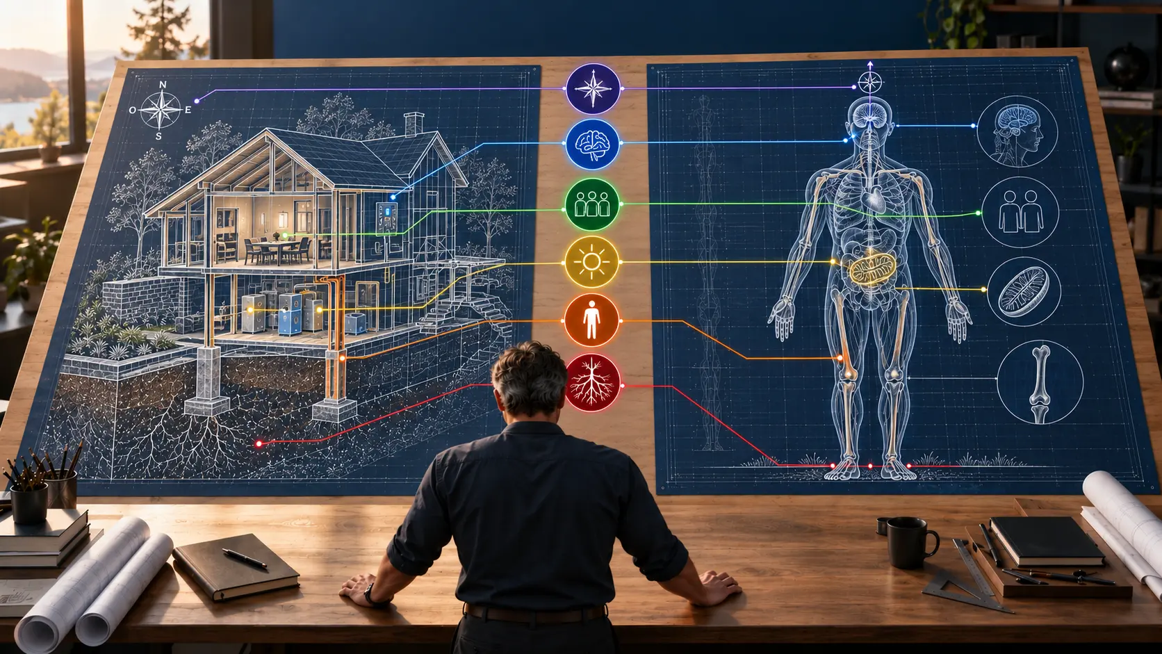 Deux plans détaillés : maison en coupe à gauche, corps humain à droite. Six symboles relient leurs systèmes. Au premier plan, l’homme observe l’ensemble.