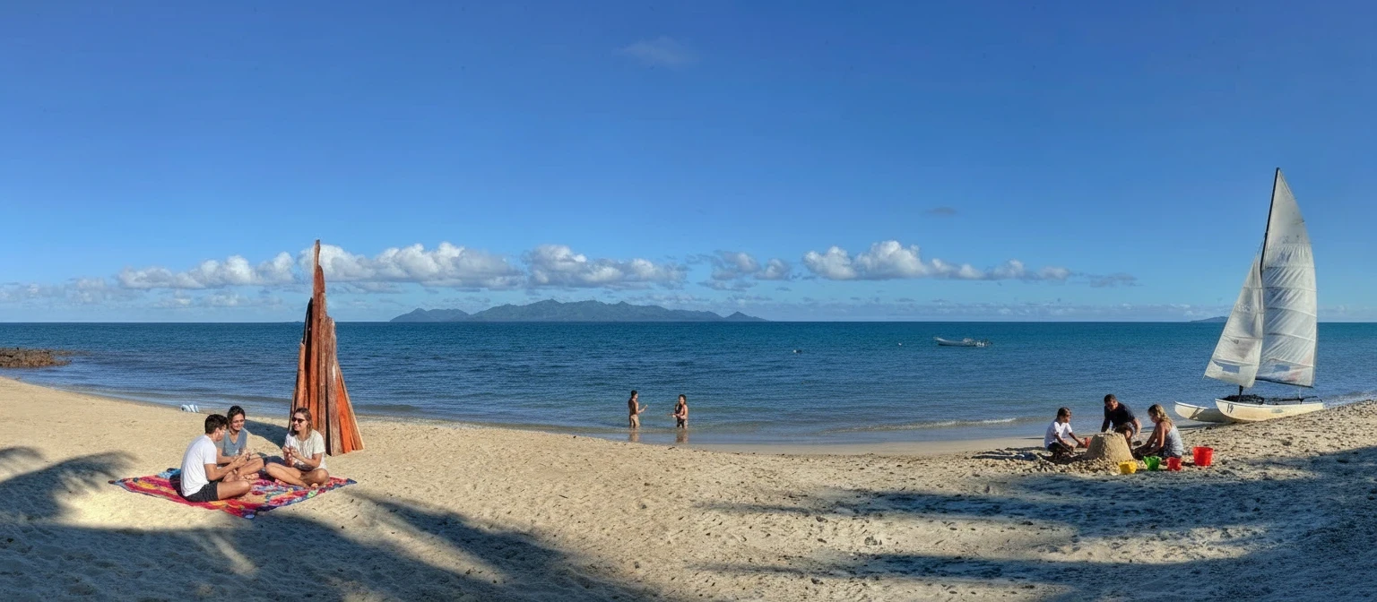 People gathered around the beachside in Fiji, enjoying time in the sun, a sailboat is parked on the sand nearby
