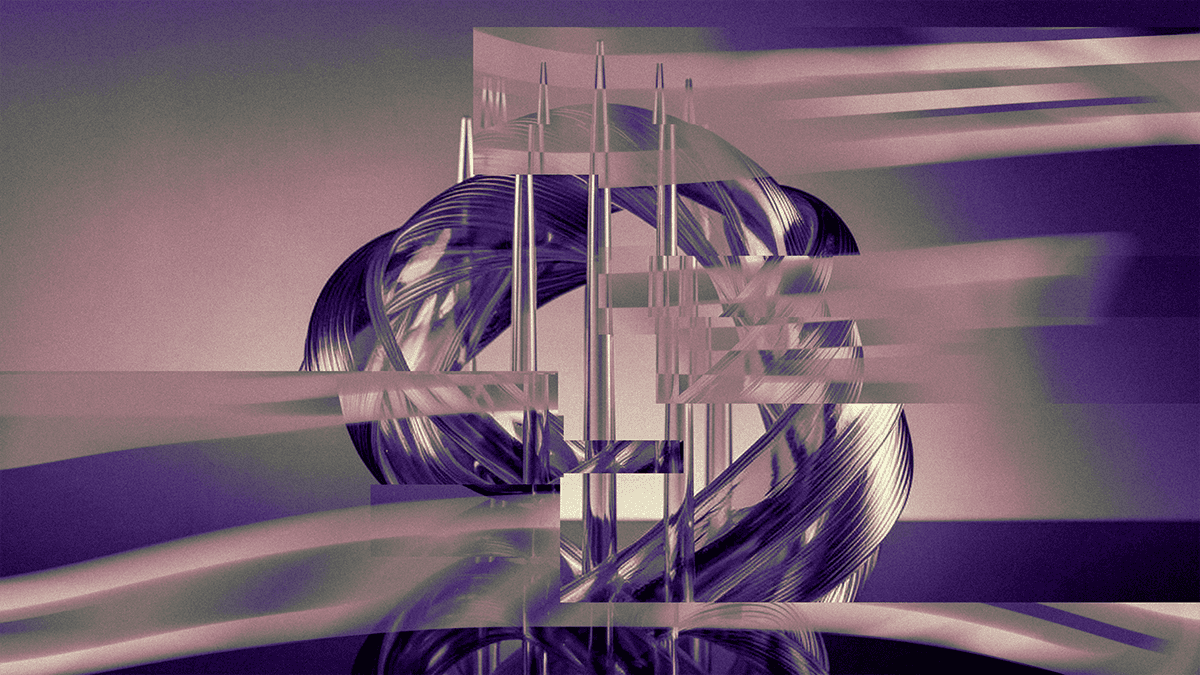 3D Illustration holding a grey abstract shape and colourful balls are floating around.