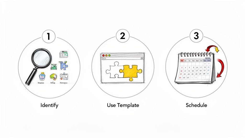 Three steps: identify elements with a magnifying glass, use a template with puzzle pieces, and schedule tasks on a calendar.
