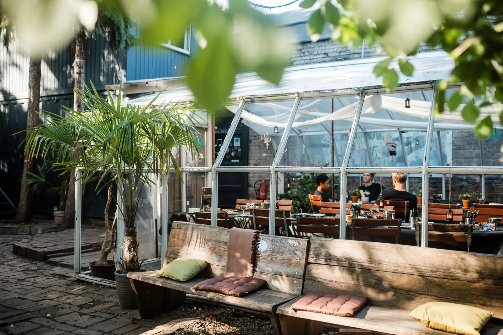 Gäste beim Essen im gläsernen Wintergarten zwischen Palmen