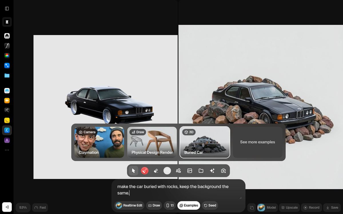 Krea AI real-time canvas editor showing live image-to-image generation with style examples