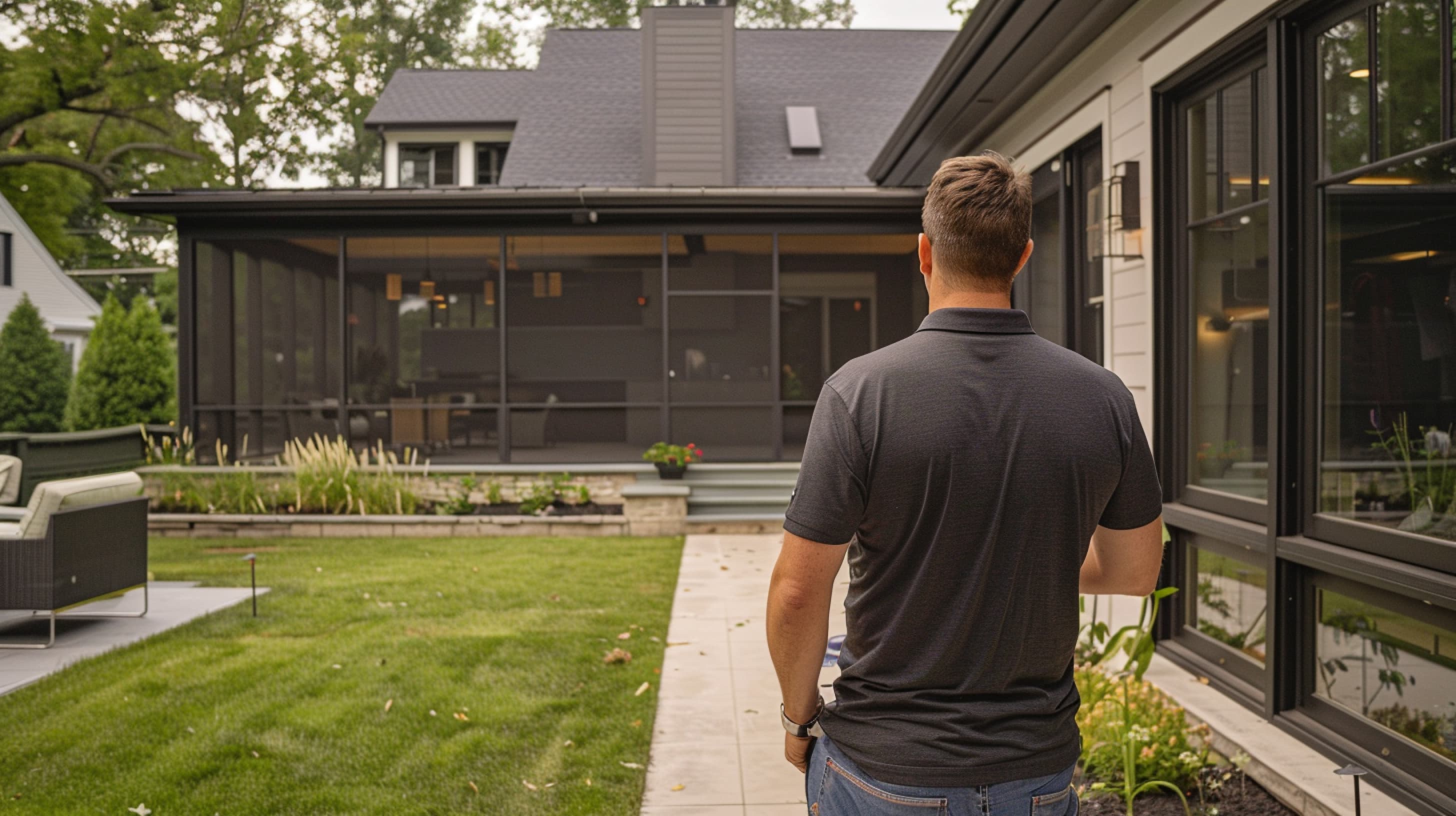 Photo of a man walking down a sidewalk toward a screened in patio