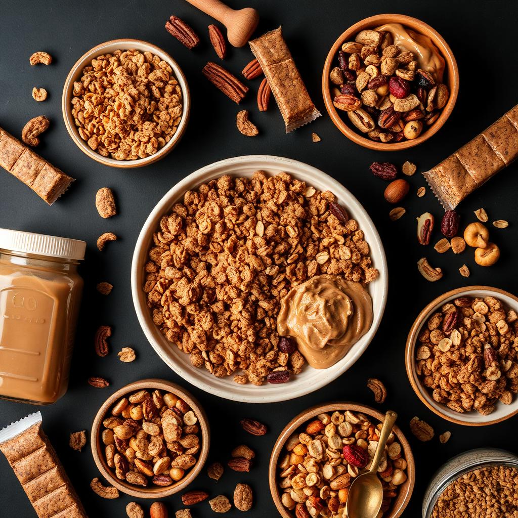 Premium food product range including granola, peanut butter, protein bars and cereals