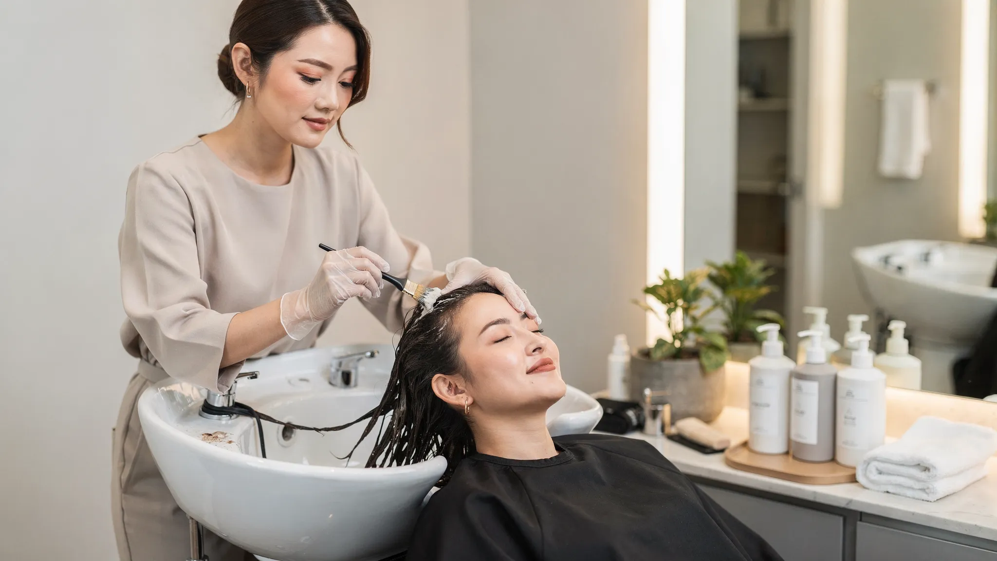 A stylist in a modern salon applying a deep conditioning treatment at a shampoo bowl, with clean product bottles on a nearby counter and a relaxed client in a cape.