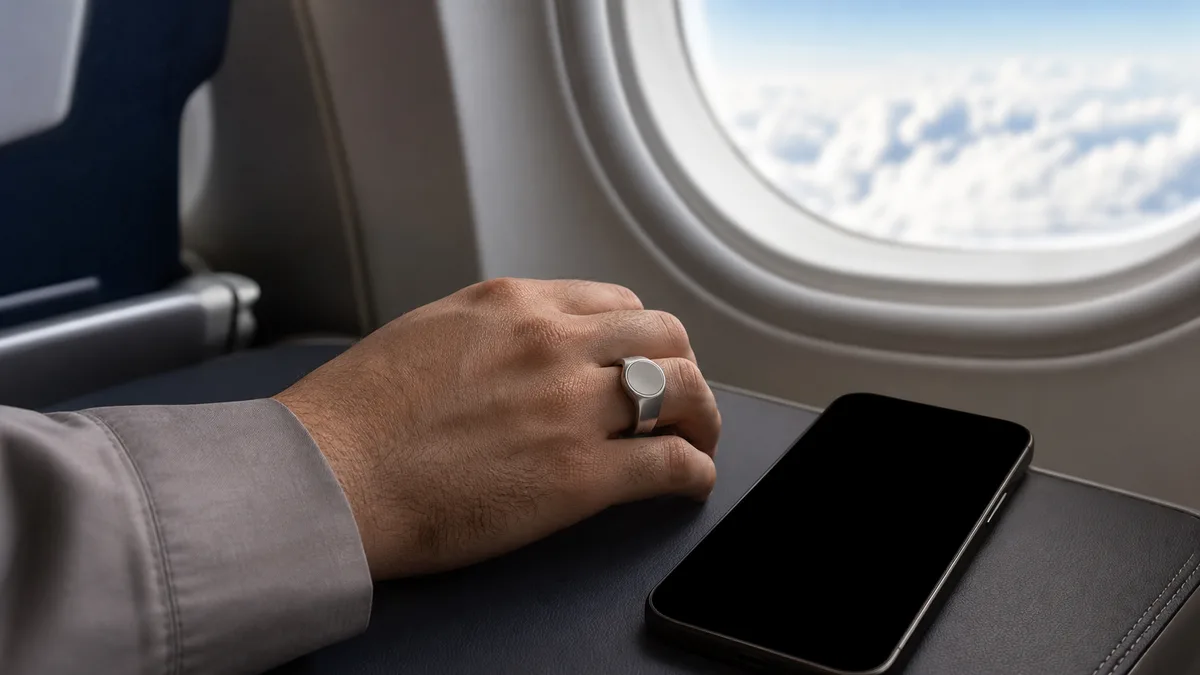 Smart tasbih ring worn on a hand beside a black phone screen in an airplane cabin