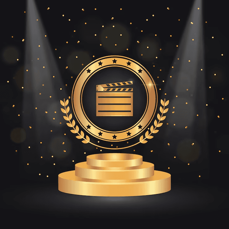 Golden film reel emblem on a dark background with illuminated spotlights and shimmering confetti. It sits atop a three-tiered golden podium. Regal and celebratory mood.