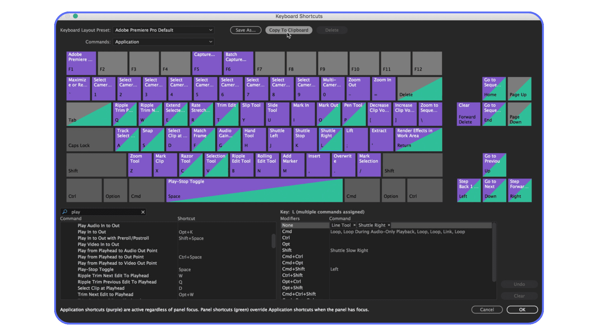 Premiere Pro keyboard shortcuts layout displaying default key mappings for editing tools