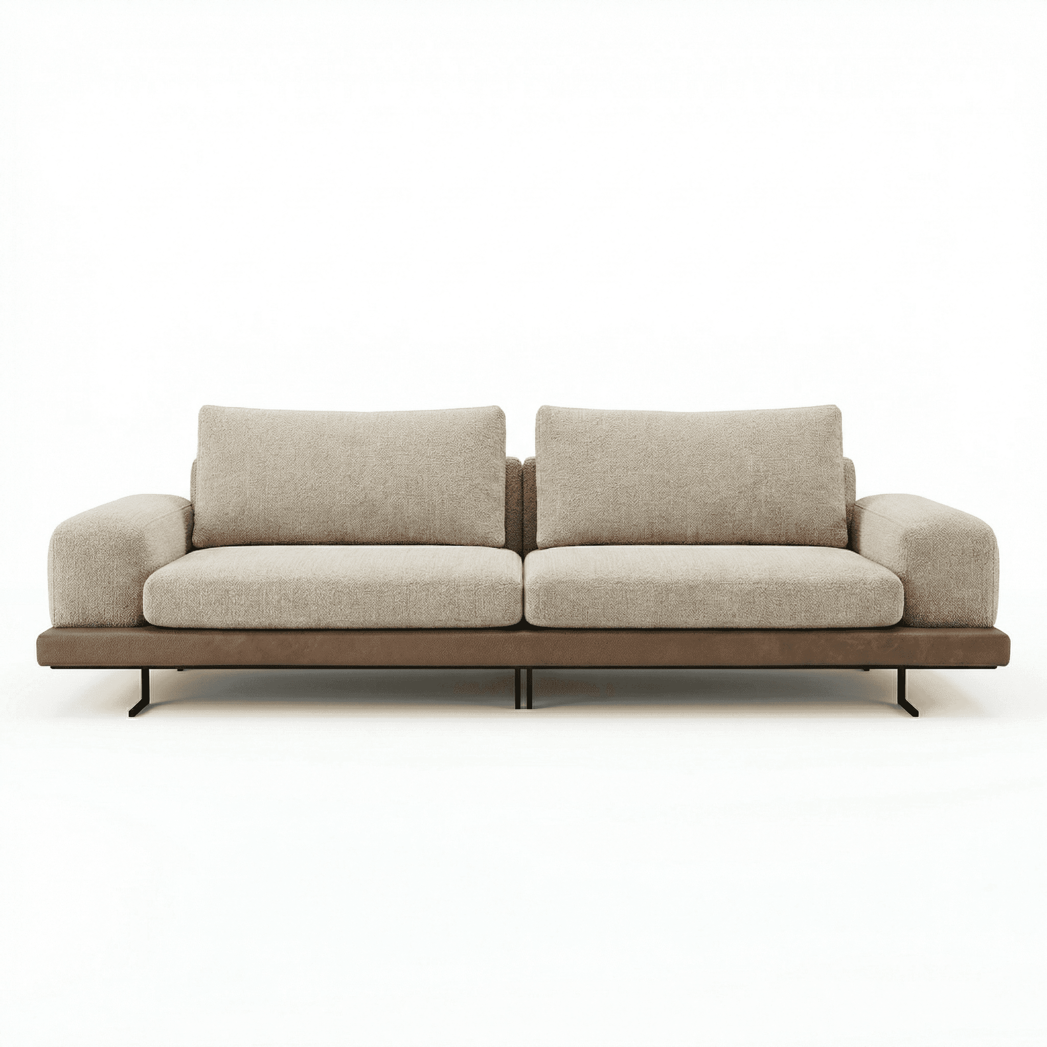 Low-profile upholstered seating with wide cushions and raised metal support frame