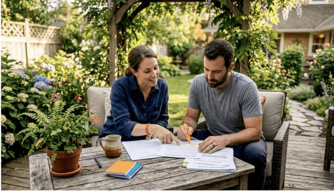 Couple reviewing ABA insurance paperwork outdoors
