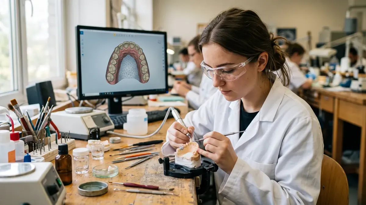 Estudiante de prótesis dental trabajando una pieza en el banco de laboratorio con un diseño 3D en pantalla