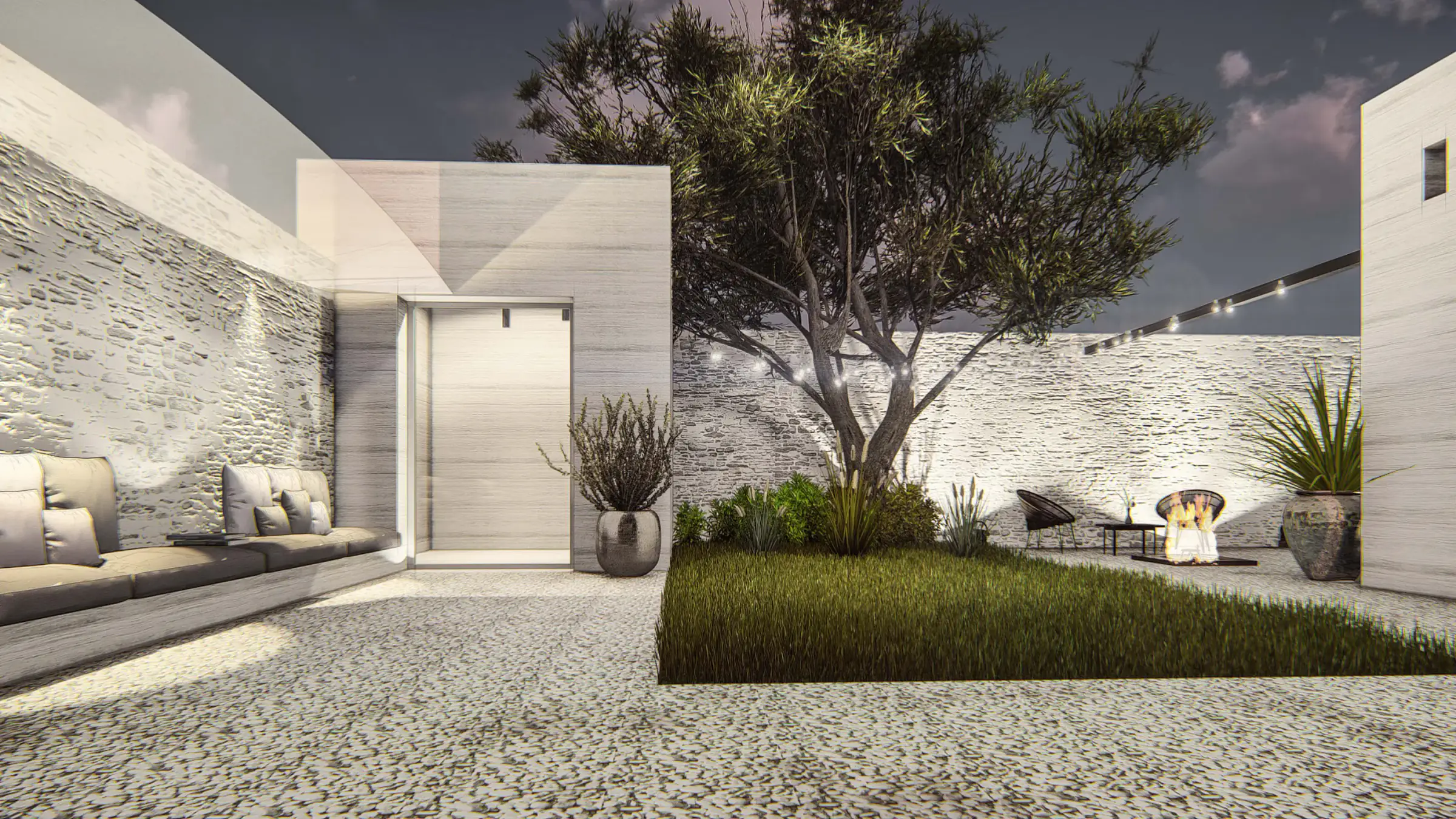 Courtyard with white stone walls, a tree and the entrance door
