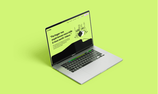 Mockup de site web au design minimaliste et vert fluo, avec une illustration expressive.