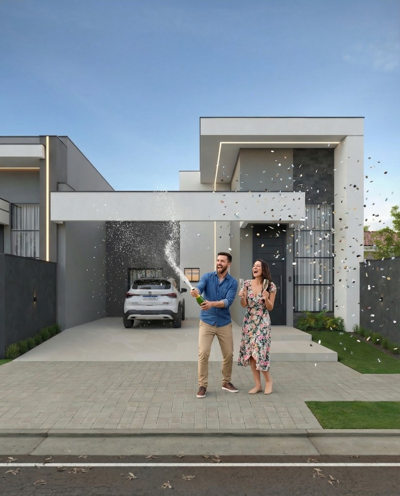 casa vendida, casal comemorando compra da primeira casa