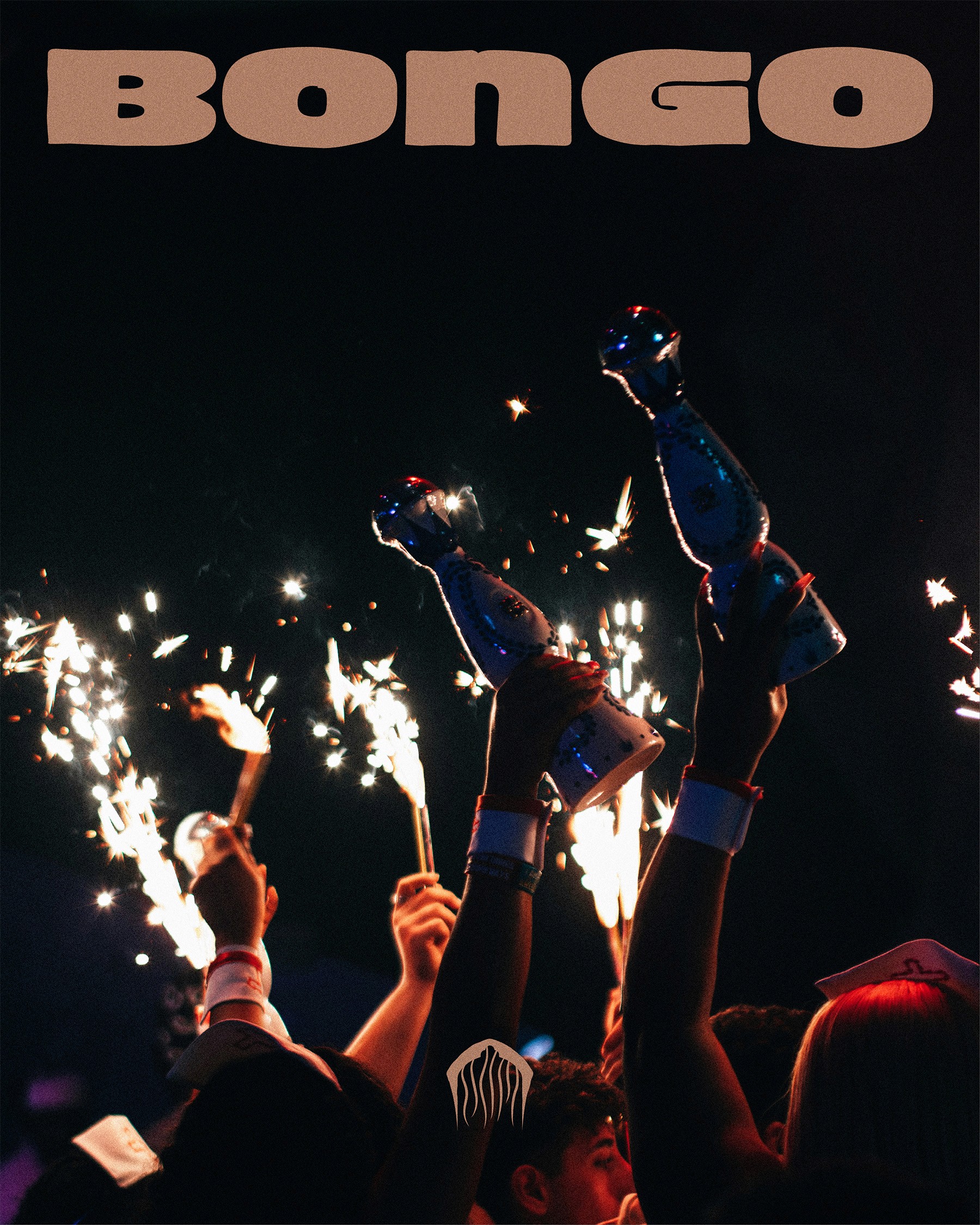 Festive nightclub scene with bottles and sparklers under the Bongo logo