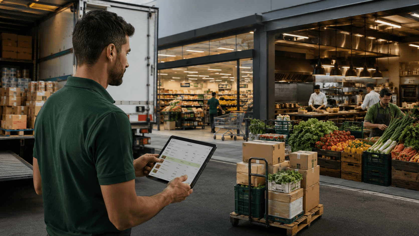 Cena em estilo realista 3D mostrando uma distribuidora de alimentos operando diferentes canais de venda. Em primeiro plano, um profissional segura um tablet com sistema de pedidos B2B em um centro logístico. Ao fundo, aparecem três ambientes integrados sem divisões: um supermercado abastecido, uma cozinha de restaurante em funcionamento e uma área de hortifrúti com frutas e verduras frescas. Há caixas, pallets e mercadorias organizadas, transmitindo gestão de pedidos, logística e regras comerciais diferentes para cada tipo de cliente.