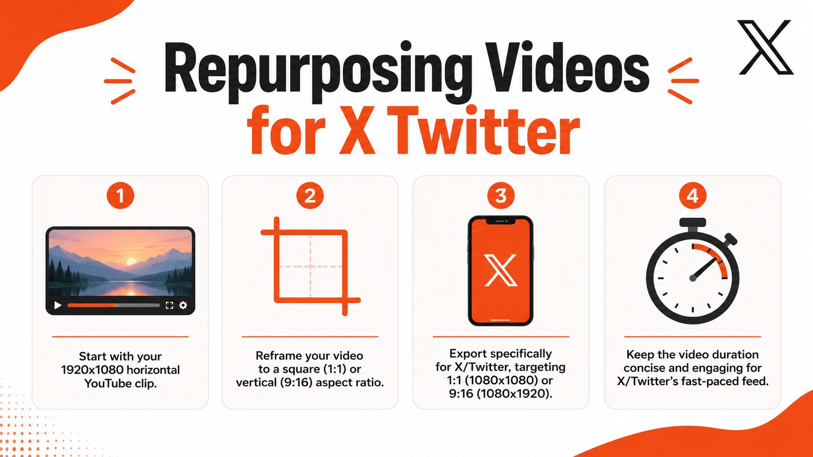 An infographic showing four steps to repurpose YouTube horizontal videos for the X Twitter platform.
