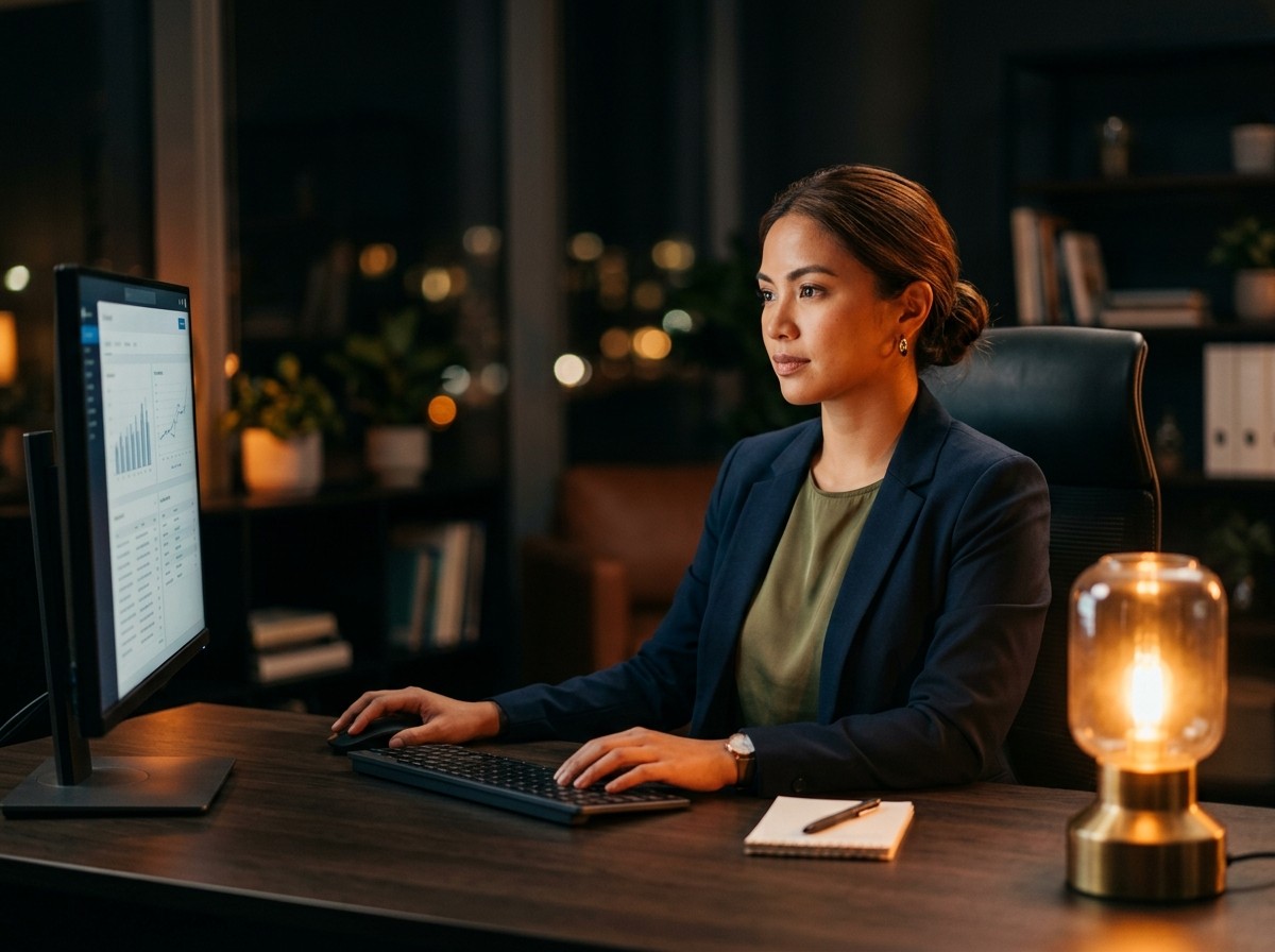 Woman working at a desk at night.