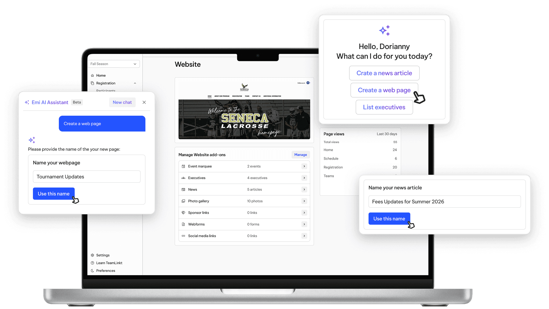 TeamLinkt's Lacrosse Website Builder with Emi AI Assistant Tool