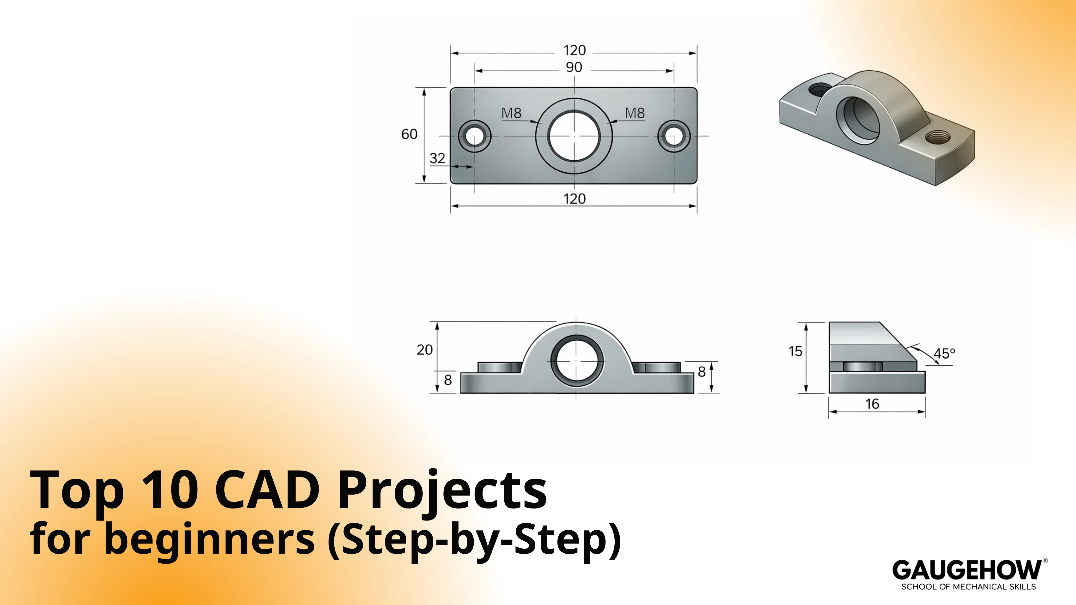 Dimensioned bracket drawing and 3D CAD part
