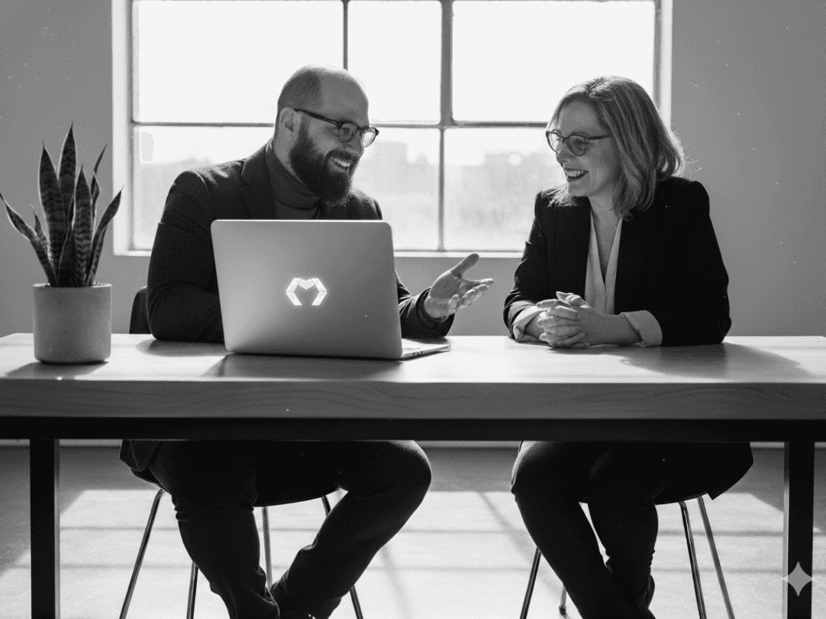 Two colleagues collaborating over paperwork at an office desk, with plants in the background.