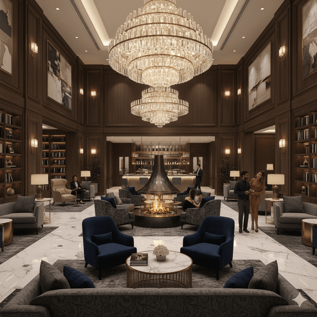 Interior view of a high-end podium-level clubhouse lounge, M3M amenities