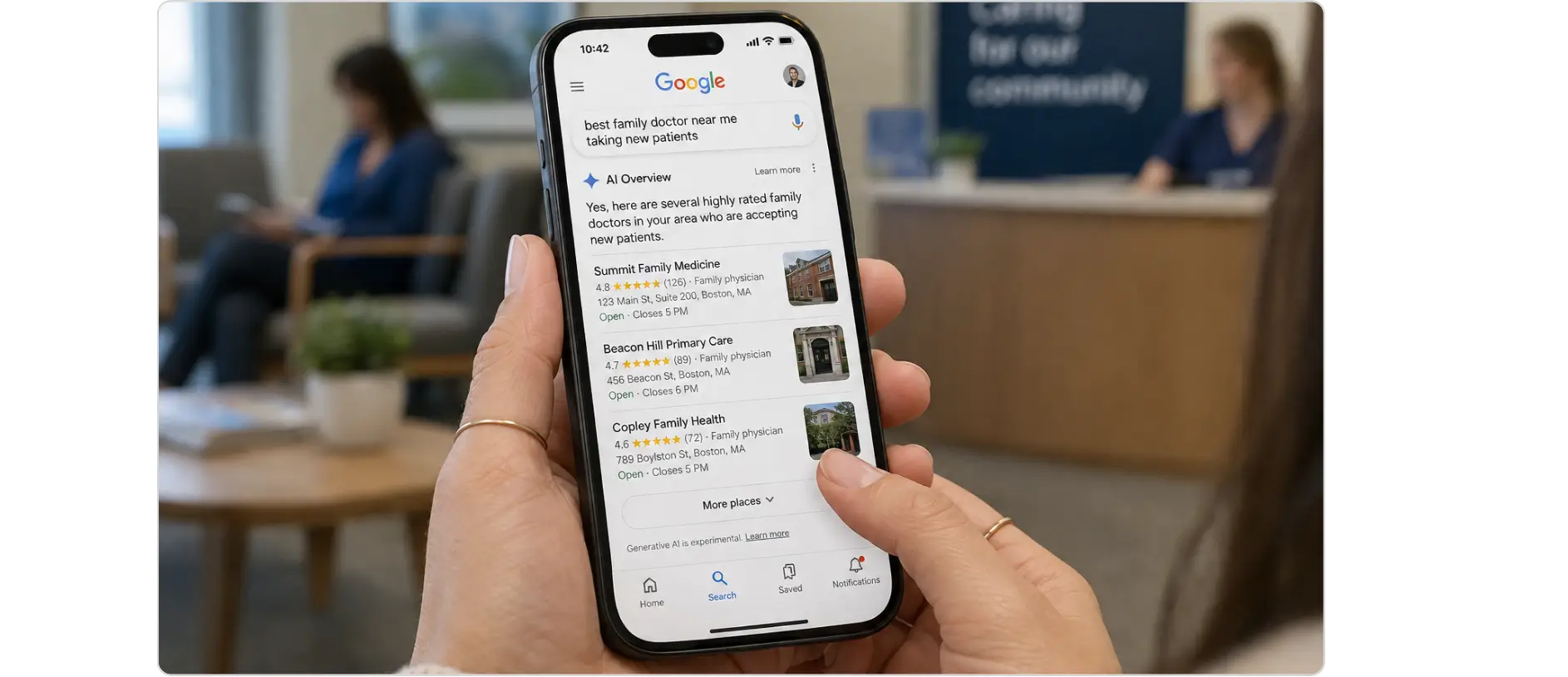 Smartphone displaying Google search results for local family doctors in a medical clinic.