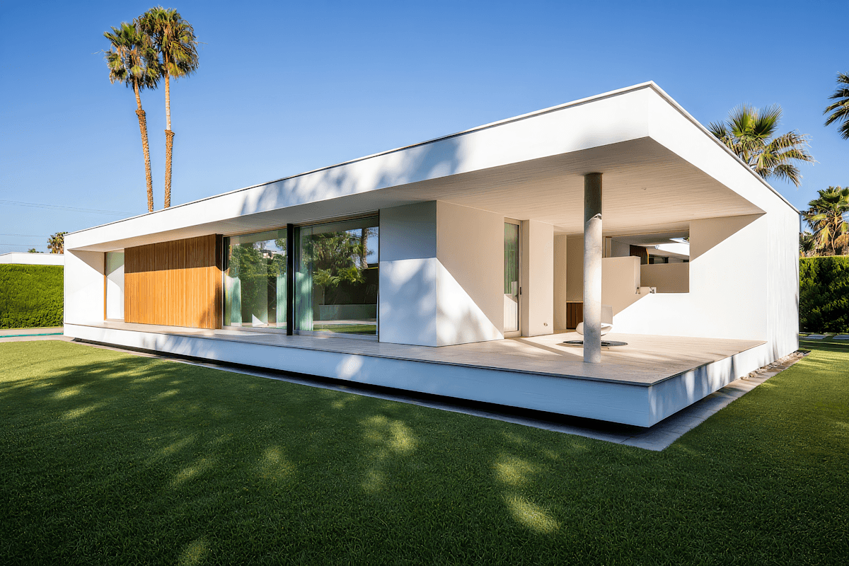 Minimal single-story modern home with clean white architecture and open outdoor living