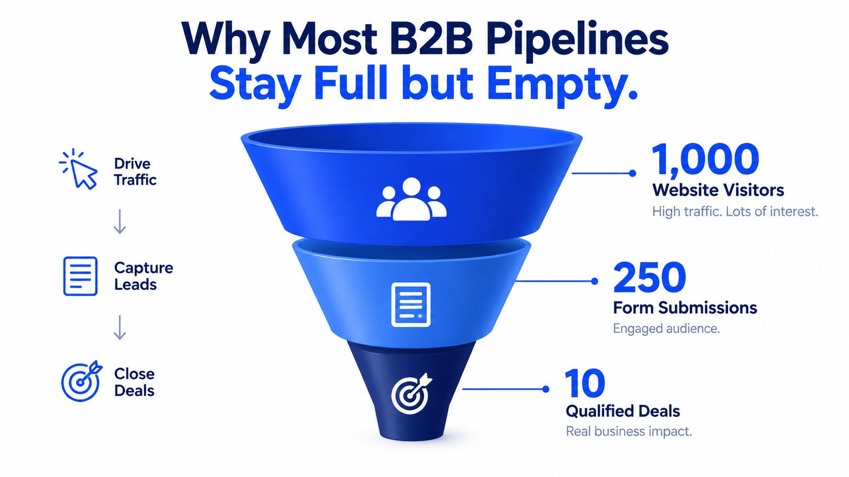A B2B marketing funnel chart showing conversion from website visitors to qualified deals.