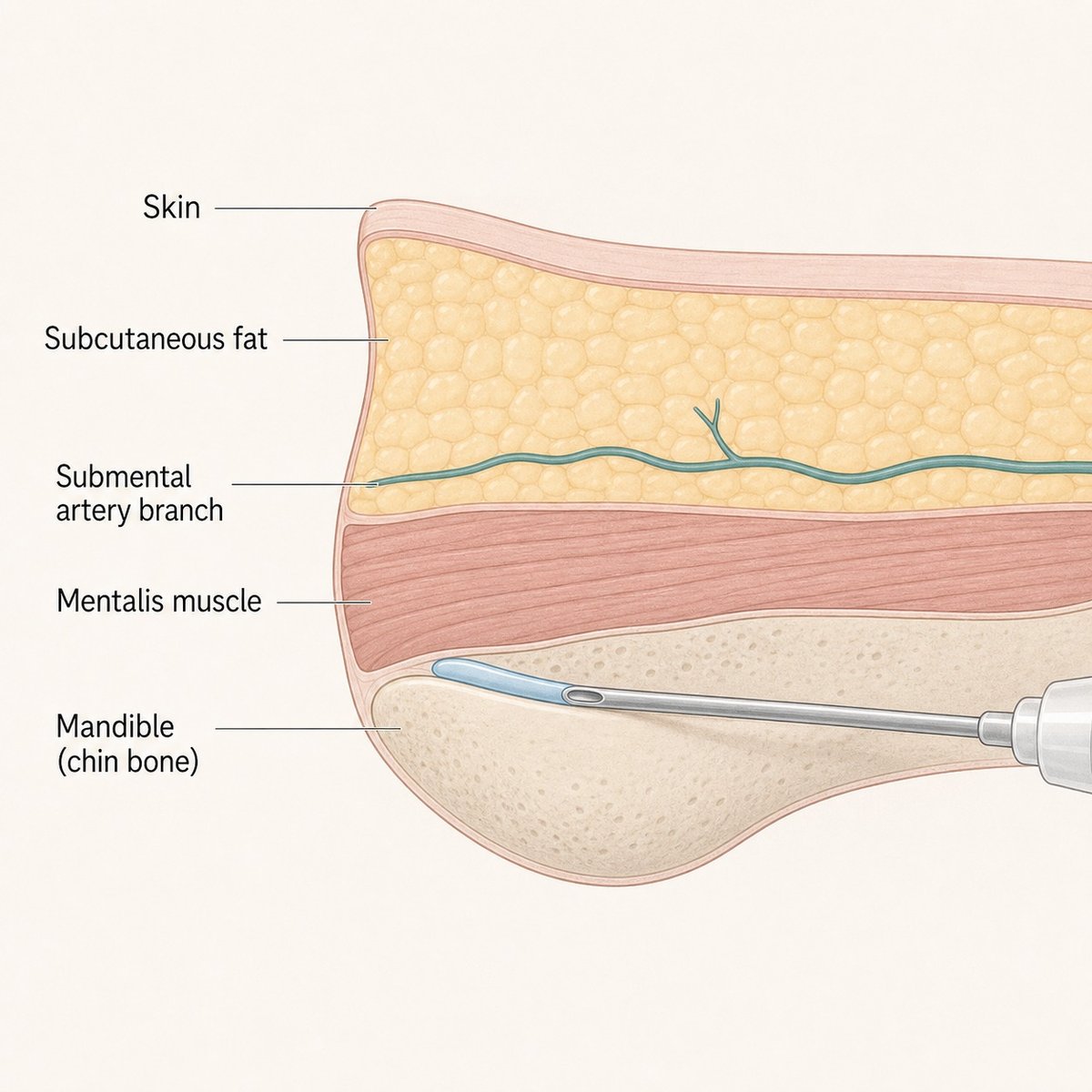 Cross-section of the chin showing the filler placement plane on the bone and the artery running above it
