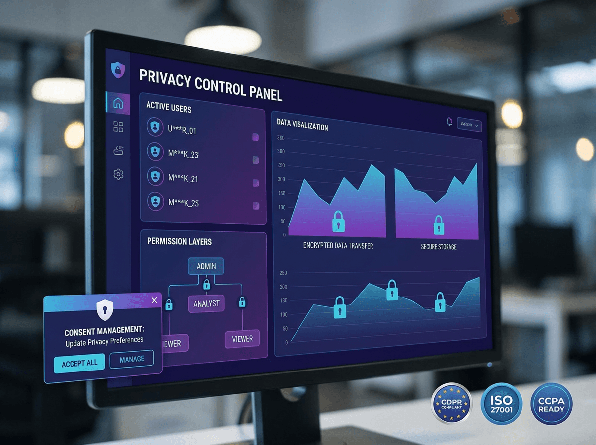 “MarTech security interface showing masked data, user permissions, and privacy-compliant consent management.”