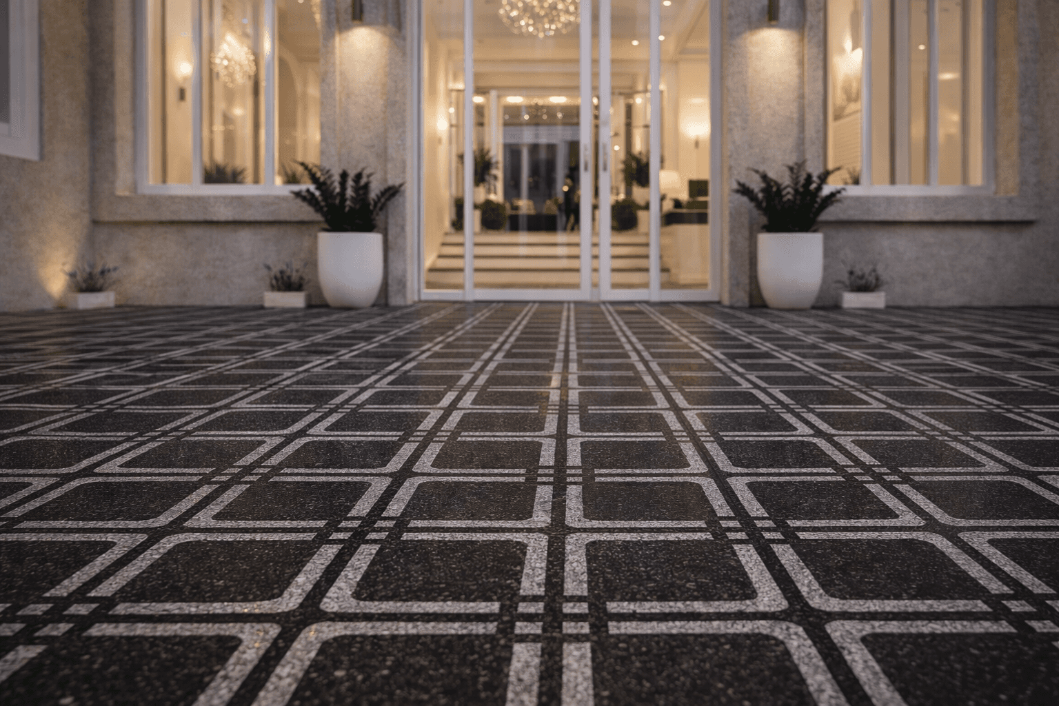 Regal stone paving with structured square pattern applied in modern architectural driveway and entrance space