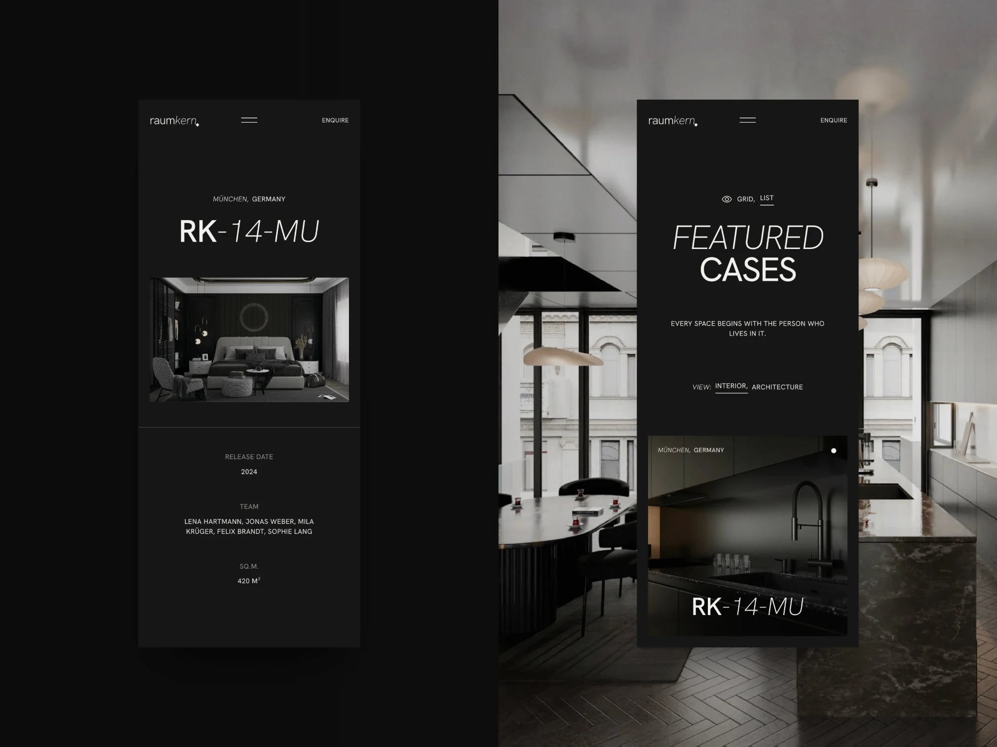 Raumkern — project detail and featured cases on mobile.