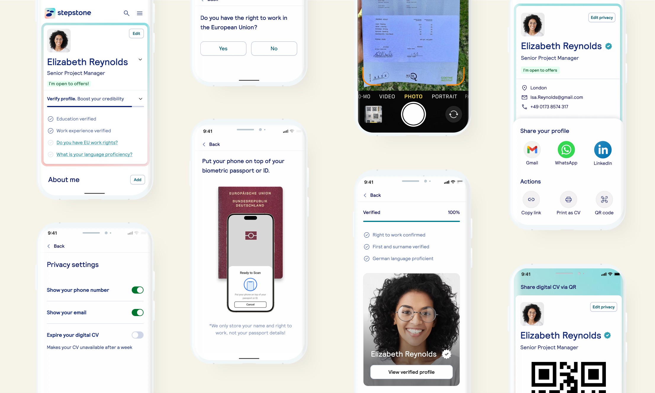 Mobile screens showing a profile being verified by scaning a biometric passport, a language certificate. Includes privacy settings screen and a screen to share profile via QR