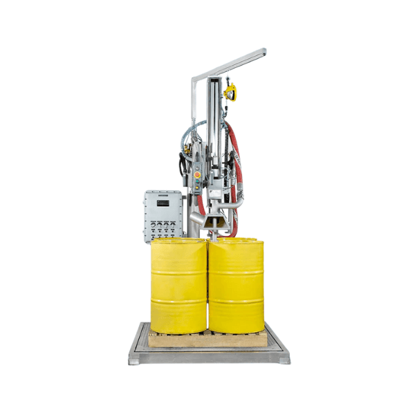 A semi-automatic, explosion-proof filling machine for drums and IBCs, the Semi-Auto Ex-Proof Pallet IBC Drum Filler, for industrial use in Malaysia.