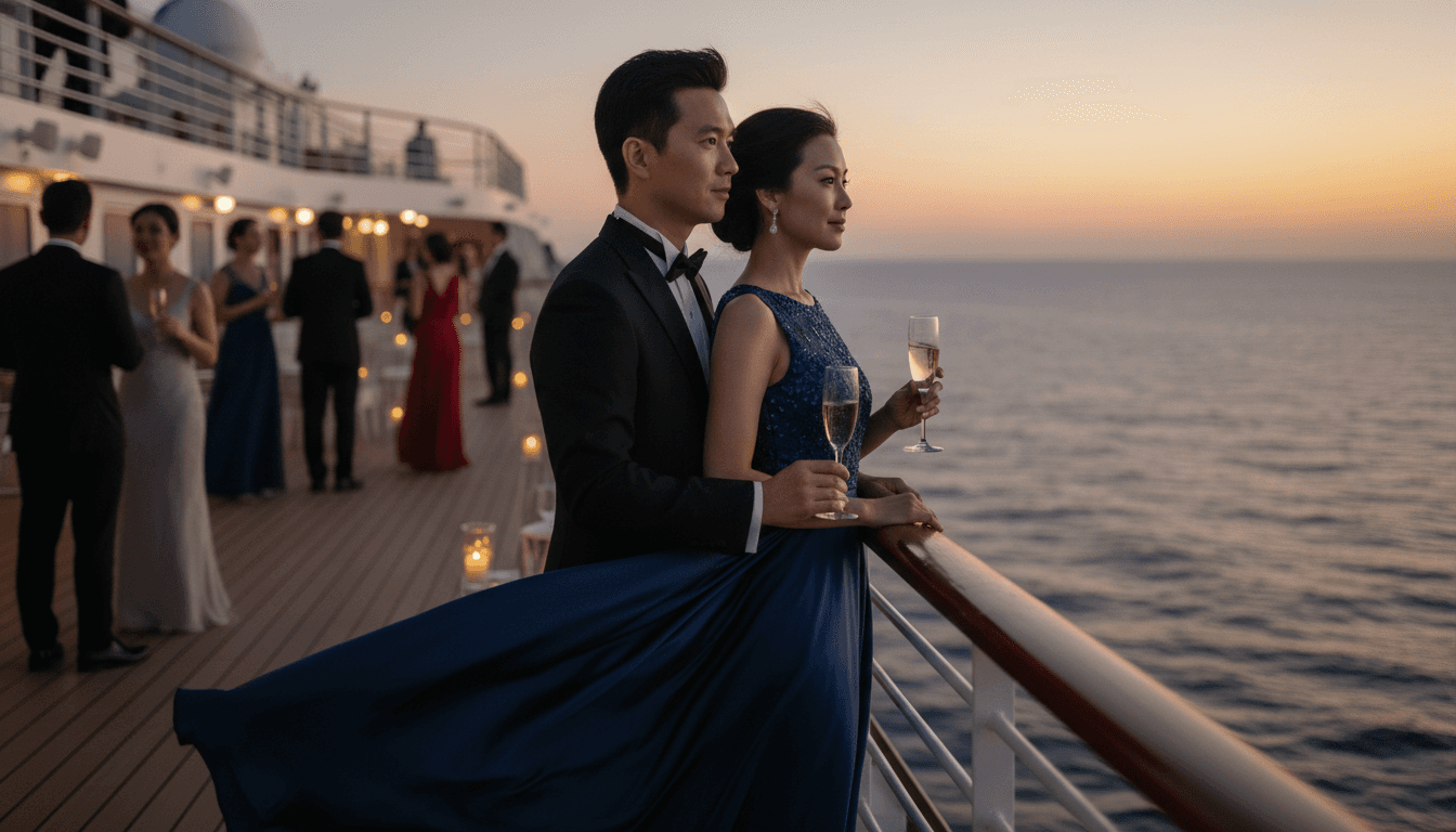An elegant couple in evening wear on a cruise ship deck at dusk, dressed for the gala dinner — the formal side of long cruises