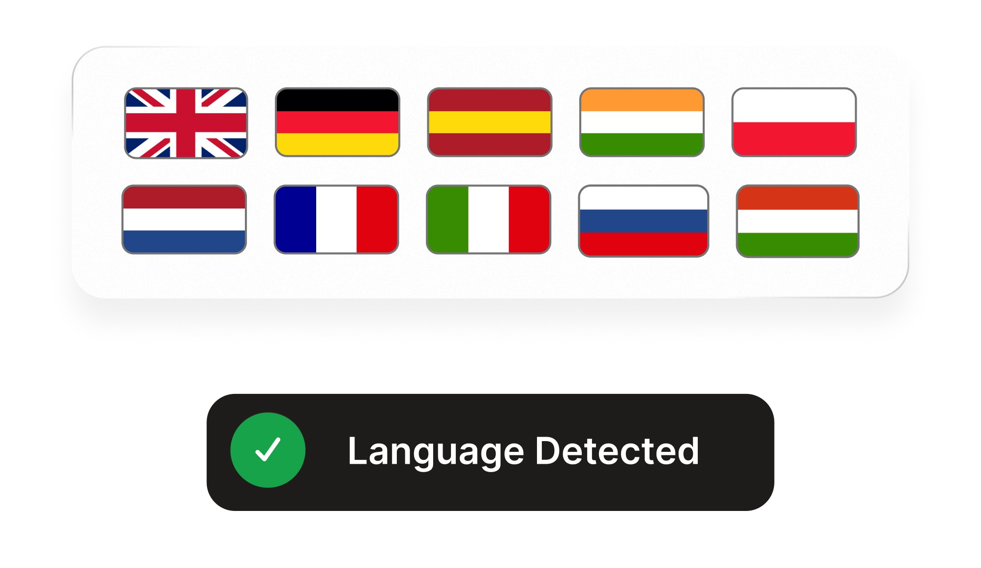 Graphic showing multiple country flags representing supported languages, including the UK, Germany, Spain, India, Poland, Netherlands, France, Italy, Russia, and Hungary. Below, a black bar with a green checkmark reads ‘Language detected,’ indicating automatic language recognition capability.