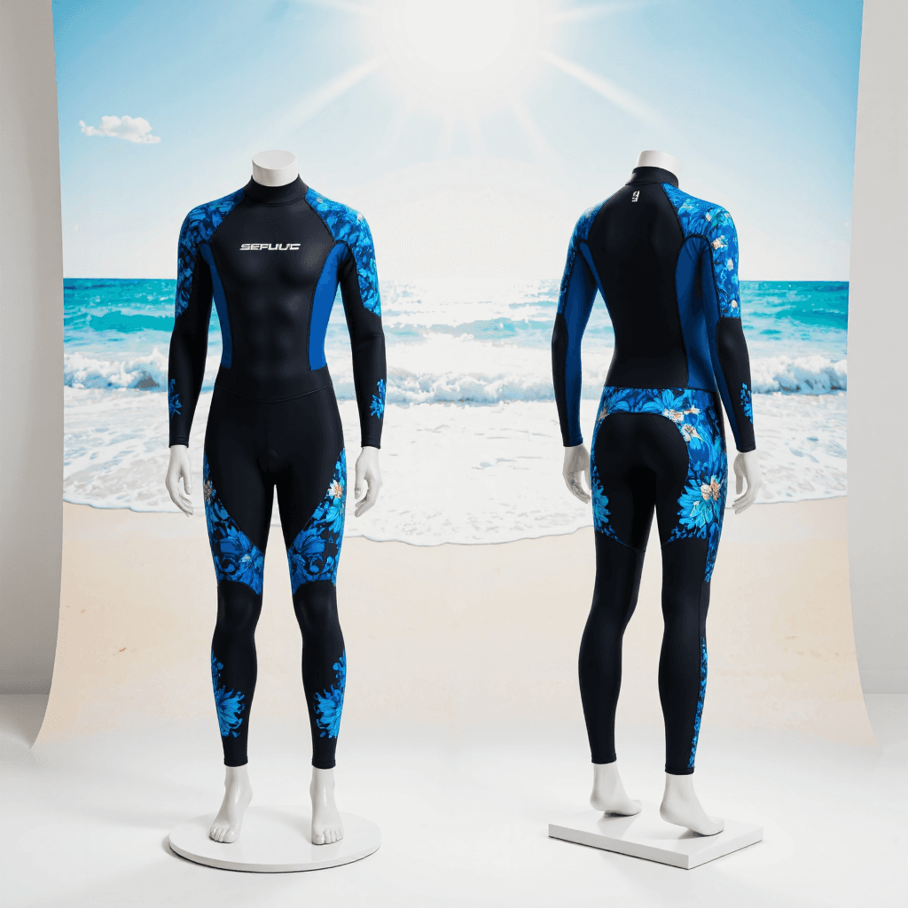 product photography of a full-body wetsuit designed for water sports