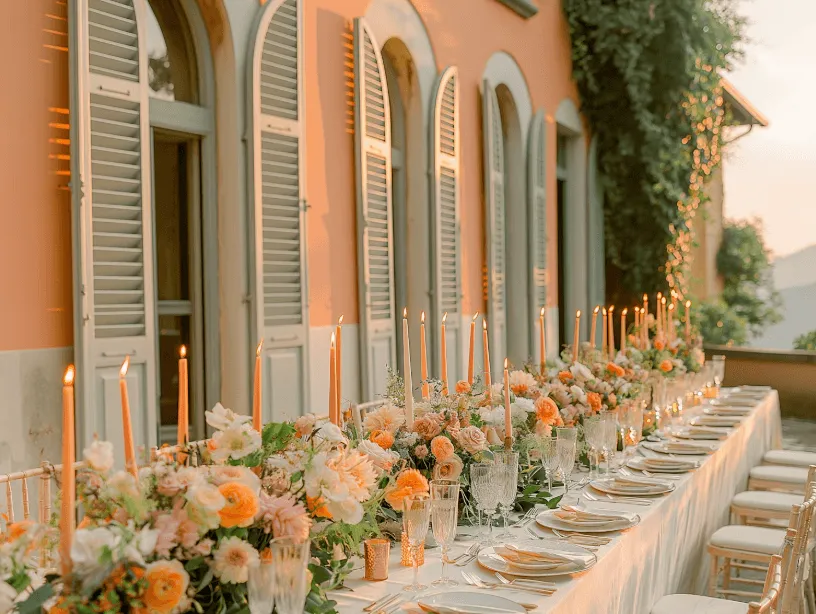 A charming exterior with large windows, potted flowers, and greenery against a warm-toned wall.