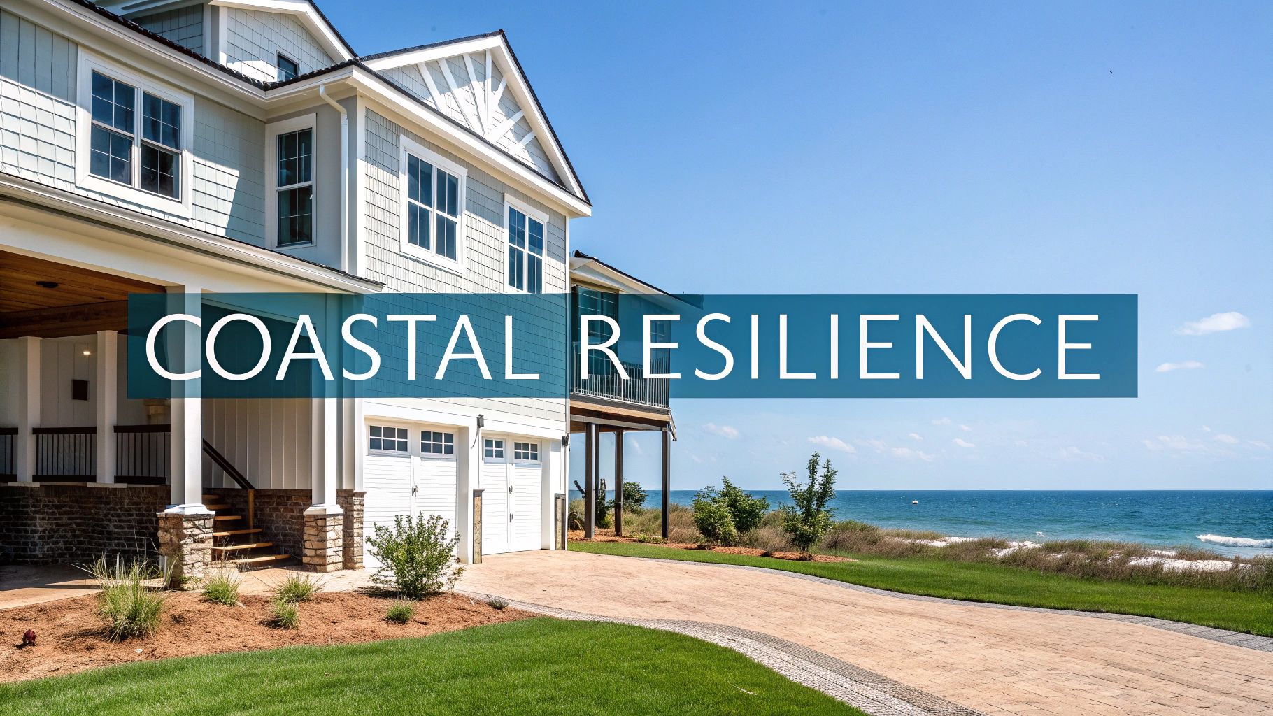 A large, elegant coastal home with a paved driveway and ocean view under a clear blue sky.