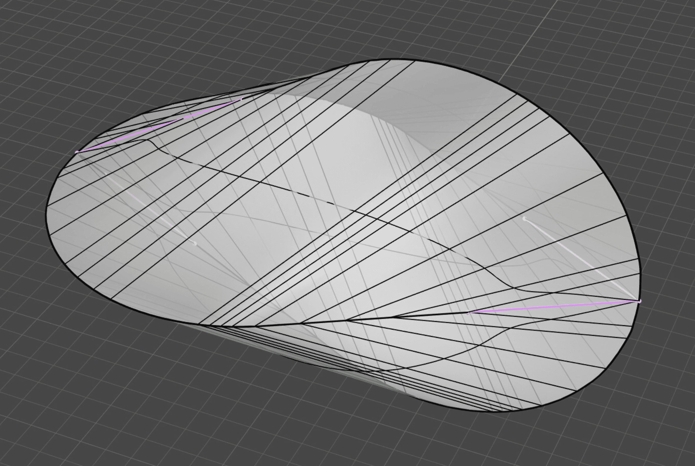 Rhino viewport showing naked edges highlighted in pink on a curved polysurface.