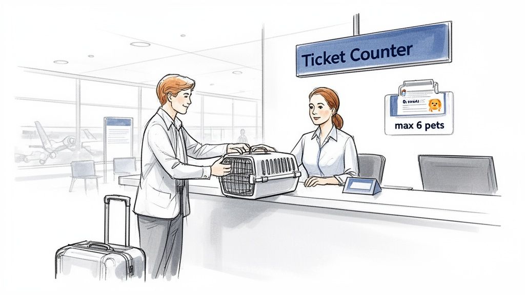 A man checks in a pet carrier with an airline agent at a ticket counter.