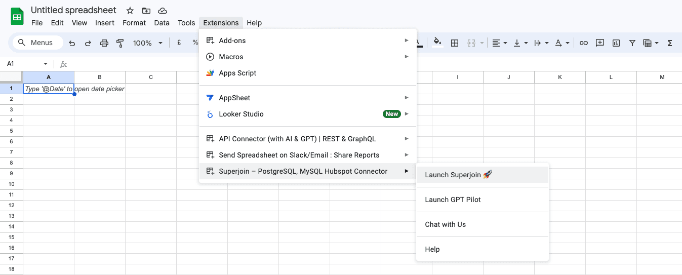 The Superjoin panel will appear on the right side of your screen within Google Sheets.