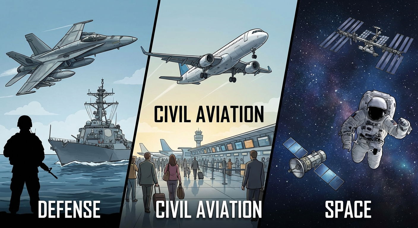 conceptual visual showing the three sectors: defense, civil aviation, and space