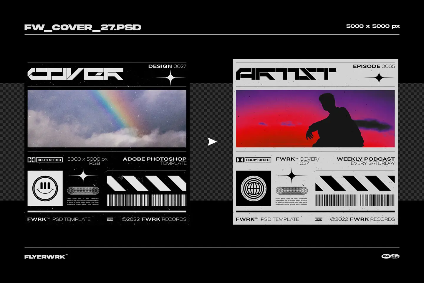 Dark and light mode variations of a minimalist brutalist cover design with sharp geometric typography