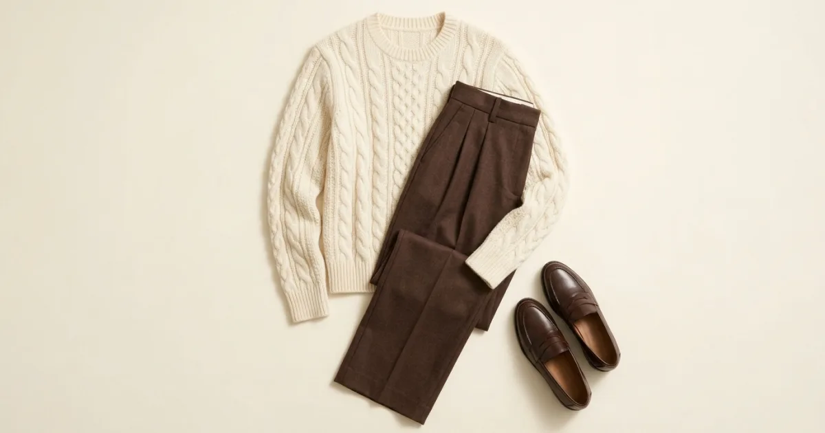 Ivory cable jumper shown with chocolate brown trousers and brown boots